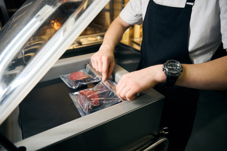 Cropped chef man putting vacuum meat in refrigerator for storage in restaurant