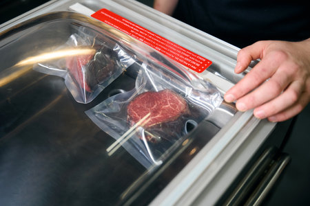 Partial male chef man putting vacuum meat in refrigerator for storageの写真素材