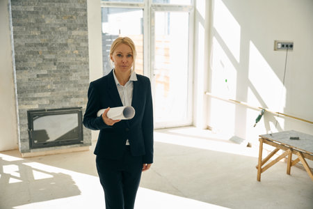 Female architect standing in room and holding plan under armの写真素材