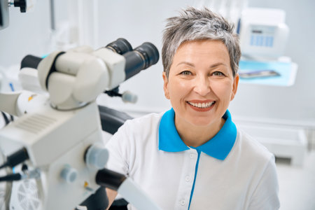 Woman aesthetic dentist spending time in her office with modern microscopeの写真素材