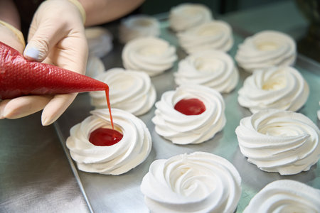 Skilled woman confectionary pouring fresh berry mousse from pastry bagの写真素材