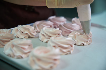 Confectioner using starry tip on pastry bag to squeezy berry mixtureの写真素材