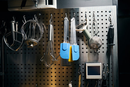 Set of variety cooking utensils hanging on iron net wall in modern restaurantの写真素材