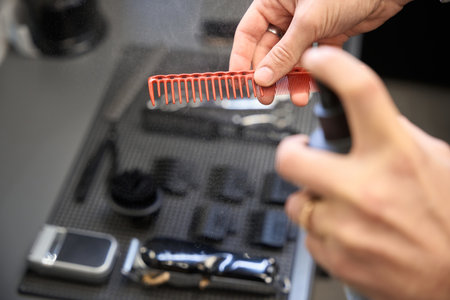 Cropped view of hairdresser cleaning comb in barbershop