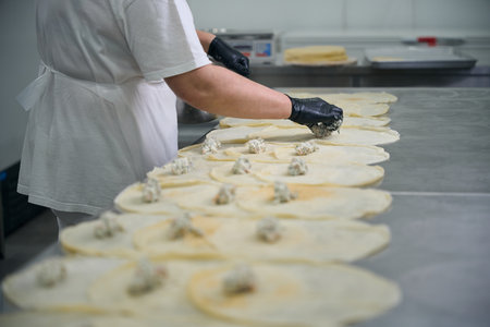 Kitchen employee puts fish filling on round pancakesの写真素材