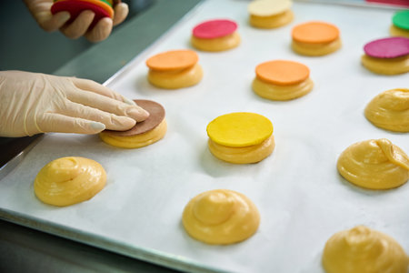 Woman cook putting the craquelin piece on top of piped chouxの写真素材