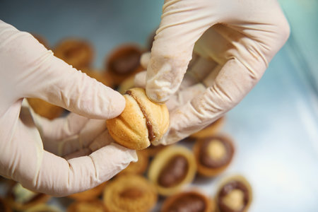 Female hands pressing to halves with pastry dessert nuts