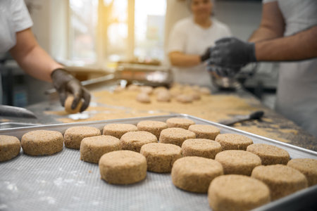 Team of kitchen workers forms cutlets on large wooden table