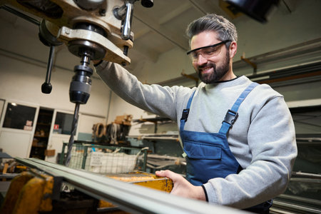 Man drills a hole into an aluminum profile on a modern machine