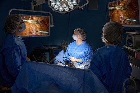Surgery team operating in a surgical room, hospital, looking at big computer monitor