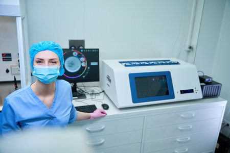 Laboratory technician smiles while monitoring embryo developmentの写真素材