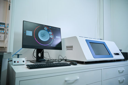 Laboratory equipment and monitor displaying data for embryo developmentの写真素材