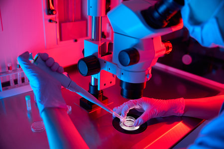 Adult doctor preparing a sample for analysis under vibrant lightsの写真素材