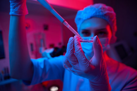 Doctor conducting a procedure with a pipetteの写真素材