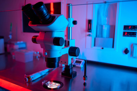 Laboratory microscope under contrasting red and blue lightの写真素材
