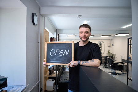Smiling administrator inviting to salon for haircut