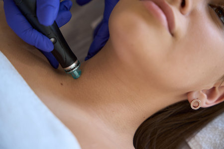 Cosmetologist in blue gloves doing procedure for young female patient