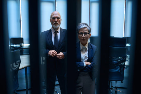 Serious Caucasian adults in modern office during daytimeの写真素材