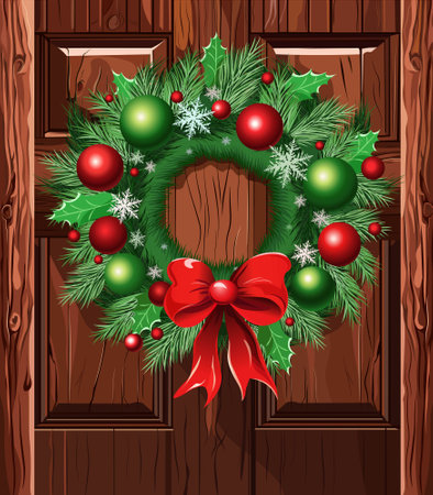 Wooden door with Christmas wreath and decorations. New Year's mood, atmosphere, coziness at home. An element of festive decor in the interior. Vector illustration.のイラスト素材