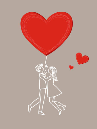Valentine's day card with couple kissing and holding heart balloon. Vector illustration. Love.のイラスト素材