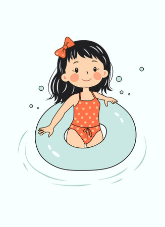 Cute little girl in swimsuit swimming in pool. safety on the water. Vector illustration of a child in an inflatable circle for swimming.のイラスト素材