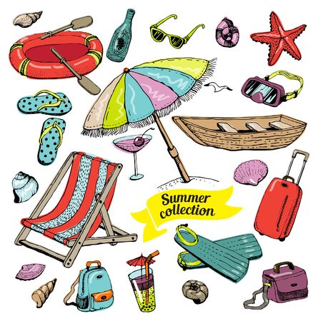 Set of things for planning a summer vacation and tourism. Vector.のイラスト素材
