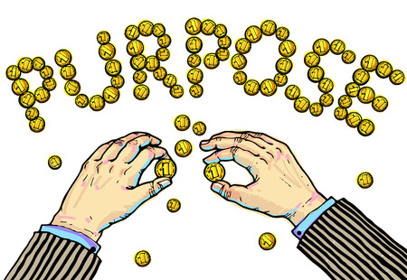 Hands constituting word "PURPOSE" from the coins.のイラスト素材