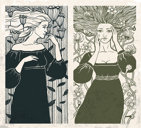 Two beautiful women in art nouveau style. Vector.のイラスト素材