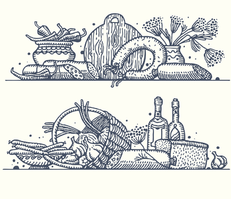 Still life with various sausages. Vector.のイラスト素材