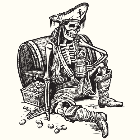 A skeleton pirate holding a mug of beer. There are the treasure chest of gold near him. Vector.のイラスト素材