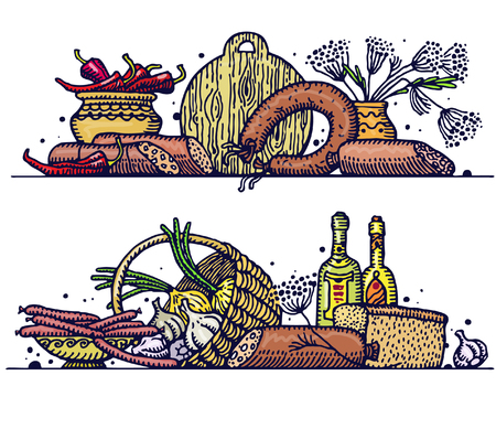 Still life with various sausages. Vector.のイラスト素材