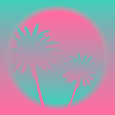 Summer background. Soft colors blue pink sky, palm trees. Summer exotic beach with palm trees. Palm,...