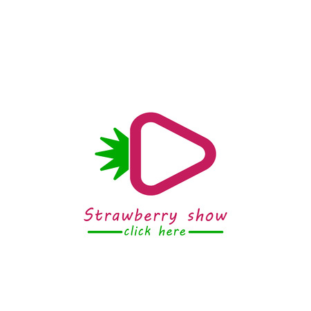 Strawberry logo icon Button Play for the player. Strawberry show click here. Strawberry TV branding vector illustration in flat style isolated on white background. Emblem of TV berry fruit logo.のイラスト素材
