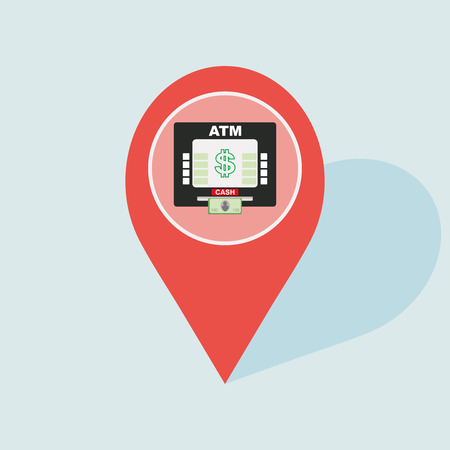 Cash terminal pointer icon. Bank Machine Pointer. Pin pointer with ATM sign icon on blue background in flat circle vector illustration for web.のイラスト素材