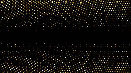 Golden shiny halftone effect pattern. Gold round glitter dots texture. Dots pop art background. Yellow dots on black Background. Random color gradient vector, gold ornament. Abstract design elementのイラスト素材