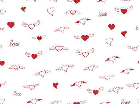 Seamless pattern with heart. Hand drown sketch hearts with wings and love. Happy Valentines day background. Heart and love background. Red love heart on white background. Vector design greeting cardのイラスト素材
