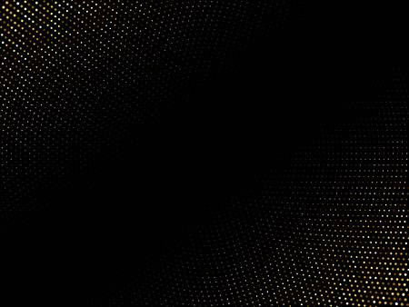 Golden shiny halftone effect pattern. Gold glitter dots texture. Dots pop art background. Yellow brown dots on black Background. Random color gradient vector, gold ornament. Abstract design elementのイラスト素材