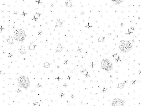 Cosmos, space, planets, stars seamless pattern. Space, univrse black and white sketch. Galaxies and stars cute doodle baby elements. Childish background. Hand drown design for kids Vector illustrationのイラスト素材