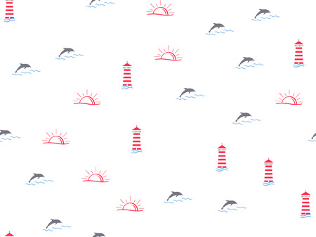 Marine, lighthouse summer seamless pattern. Sun, dolphins, lighthouse cute doodle baby elements. Sea summer background. Childish background for fabric, baby clothes, Hand drown elementsのイラスト素材