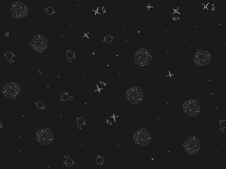 Cosmos, space, planets, stars seamless pattern. Space, univrse black and white dark sketch. Night sky, Galaxies cute baby doodle. Childish background. Hand drown design for kids Vector illustrationのイラスト素材