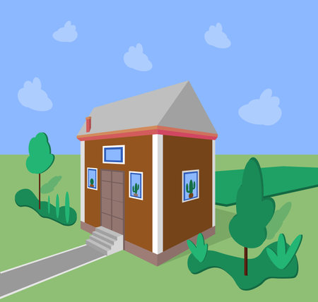 House on a green background. Farm house with vegetable garden in the background of nature. Flat illustration, child's drawing of a rural house with trees and clouds.のイラスト素材