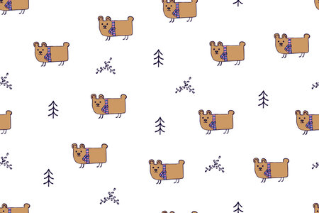 Seamless pattern, childish animals illustration. Cute bear, funny bear on white. Kawaii cartoon character. Baby scandinavian vector pattern. Hand drawn illustratin for kids fabric, textile, wrappingのイラスト素材