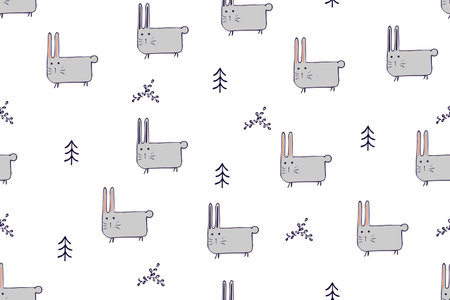 Seamless pattern, childish animals illustration. Cute bunny, funny hare on white. Kawaii cartoon character. Baby scandinavian vector pattern. Hand drawn illustratin for kids fabric, textile, wrappingのイラスト素材