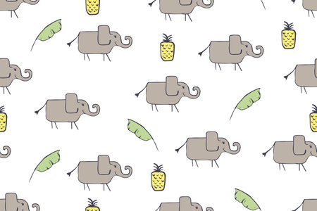 Seamless pattern, childish African animals illustration. Cute elephant, funny elephant on white. Cartoon character. Baby scandinavian vector pattern. Hand drawn illustratin for kids fabric, textileのイラスト素材