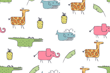 Seamless pattern, childish African animals illustration. Cute pink elephant, funny whale on white....
