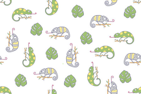 Seamless pattern, childish animals chameleon illustration. Cute green color chameleon. Kawaii cartoon character. Baby doodle vector pattern. Hand drawn illustration for kids fabric, textile, wrappingのイラスト素材