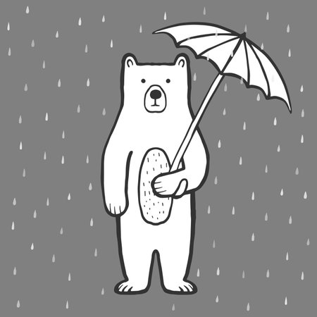 Cute bear with umbrella. Rain. Doodle, sketch, childish illustration. Cartoon character of a bear. Hand drawn children's print, vector outline for packaging, fabric, textile. Childishly drawnのイラスト素材