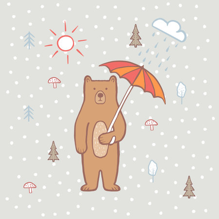 Cute bear in the forest with umbrella. Rain and sun. Color illustration for children, for kids. Vector, hand draw, bear cartoon character. Baby pattern. Children's print on fabric, textiles, packagingのイラスト素材
