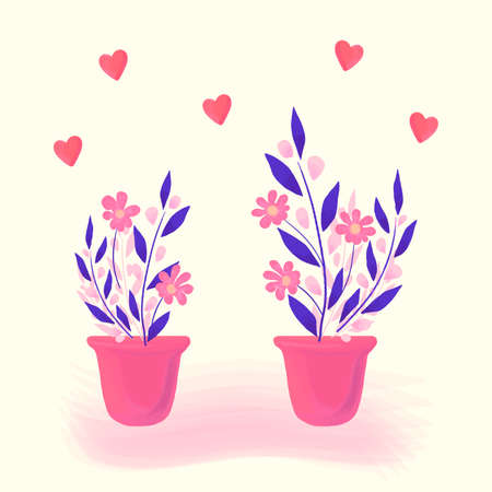 Home flowers, plants in a pot. Bright spring or summer floral romantic illustration in pink and purple colors. Vector cartoon hand drawn design of delicate flowers and hearts for greeting card, bannerのイラスト素材
