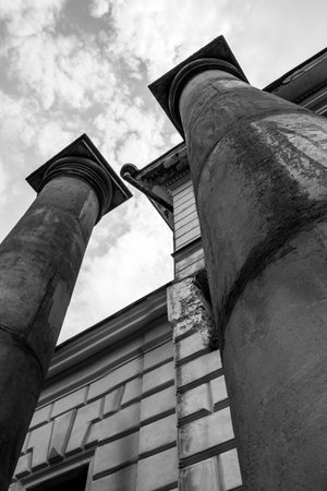 Black and white view of the ancient columns of St. Petersburg, Russia.